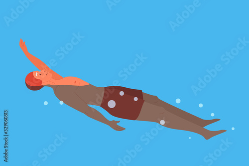 Old woman in swimming pool. Elderly character have an active