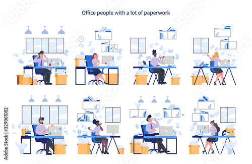Office people with a lot of paperwork set. Deadline and busy lifestyle