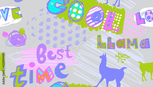 seamless multicolored Pattern for young people bright with the words love, llama, best time,cool and silhouettes of llamas