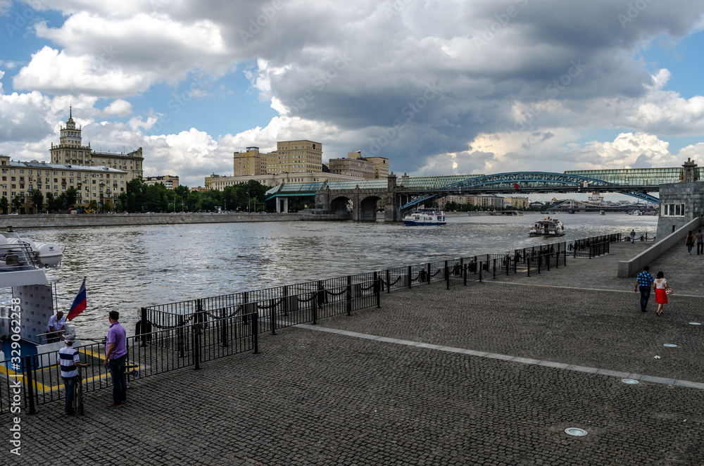 Pushkinskaya embankment of the Moscow River, walking pedestrian zone, Moscow, Russia, 3 August 2017