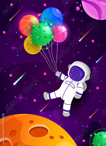 Cute astronaut cartoon floating with balloon planet in space background. Happy birthday postcard. Colorful universe. Game design. Fantasy space planets for ui galaxy game. EPS 10.