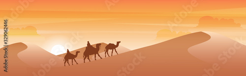 Silhouette of camel caravan going through the desert. Vector illustration for islamic background, poster, calendar, banners, postcards and etc.