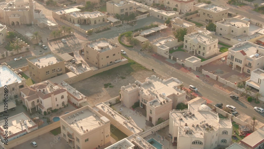 Fototapeta premium Low altitude aerial view of a residential area in Dubai, UAE
