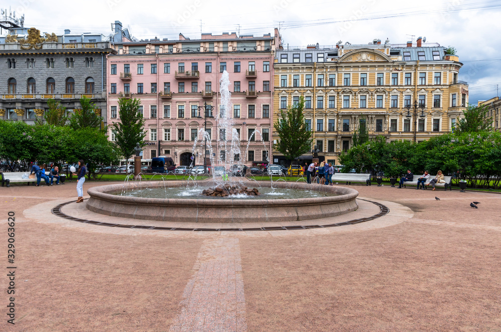 New Manege Square in St. Petersburg, European historic street for walks with colored facades, St. Petersburg, Russia, June 16, 2017