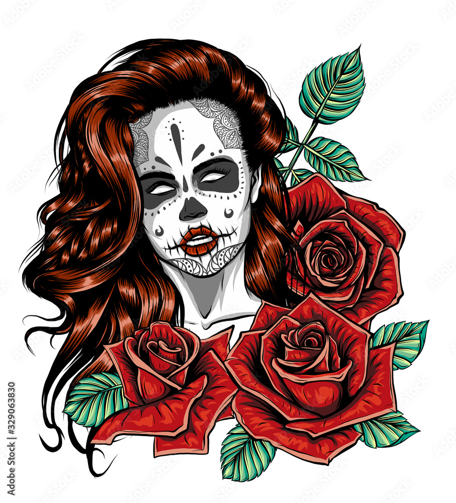 Girl with skeleton make up hand drawn vector sketch. Santa muerte woman ...