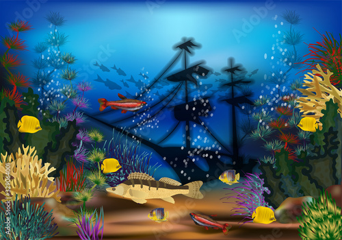 Underwater landscape with sunken ship wallpaper, vector illustration