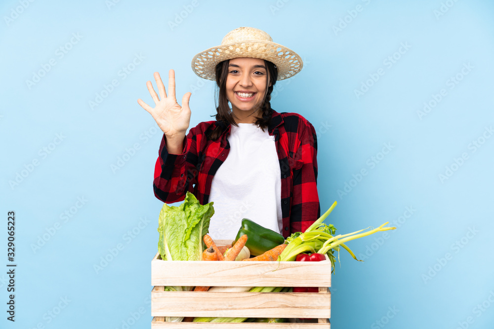 Young farmer Woman holding fresh vegetables in a wooden basket counting five with fingers