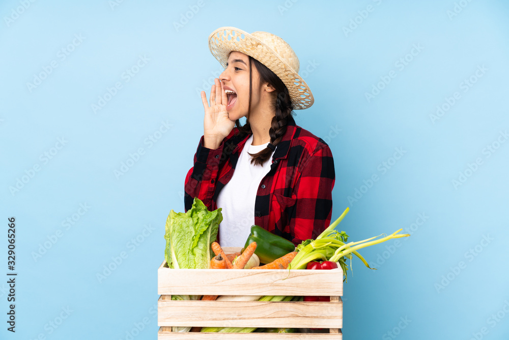Young farmer Woman holding fresh vegetables in a wooden basket shouting with mouth wide open to the lateral