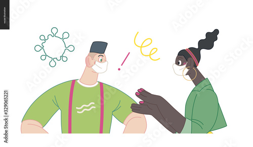 Waiting in line coronavirus - modern flat vector concept illustration of people standing in line wearing mask, talking to each other. Multicultural, multilingual people, coronavirus protection concept