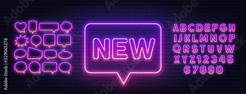 Neon sign new on a brick wall background. Bright gradient neon font and speech bubble frame. Template for design.