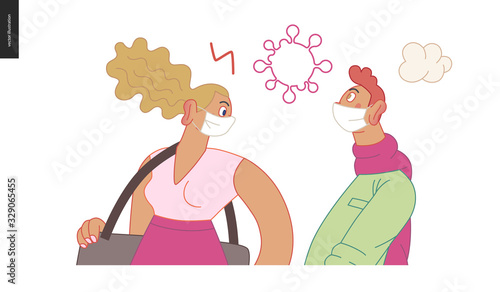 Waiting in line coronavirus - modern flat vector concept illustration of people standing in line wearing mask, talking to each other. Multicultural, multilingual people, coronavirus protection concept
