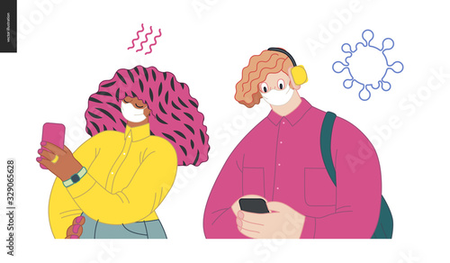 Waiting in line coronavirus - modern flat vector concept illustration of people standing in line wearing mask, talking to each other. Multicultural, multilingual people, coronavirus protection concept