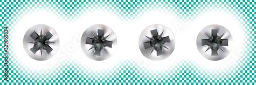 Set Metal pozidrive self-tapping screws, heads, chrome or silver bolt caps. Twisted in surface screw isolated on white background. Macro objects top view, hats metalwares. Vector illustration.