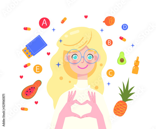 Girl take vitamin pills for skin and hairs, vitamin balance. Woman and products for healthy nutrition. Vector illustration isolated on white background.