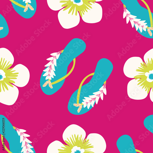 Flip flop shoe seamless vector pattern background. Stylish sandals with tropical flower decoration beach wedding backdrop. Multicolor. All over print for exotic vacation and honeymoon resort concept
