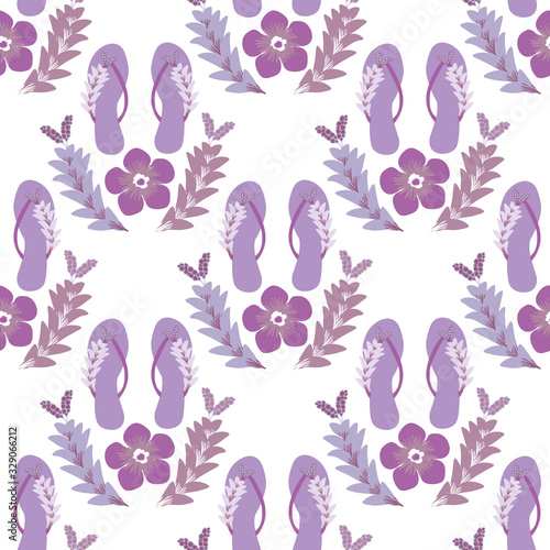 Flip flop shoe seamless vector pattern background. Sandals and tropical flower beach wedding backdrop. Damask style design. Monochrome all over print for exotic vacation and honeymoon resort concept