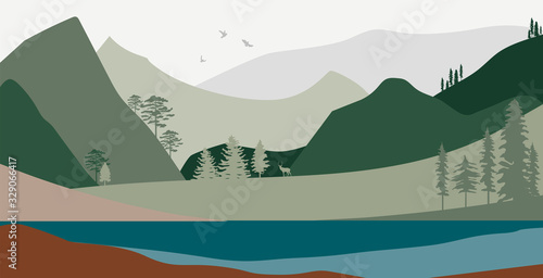 Abstract landscape. Forest animals, hills of coniferous wood with green mountains range, lake, river silhouette template. Editable vector illustration. 