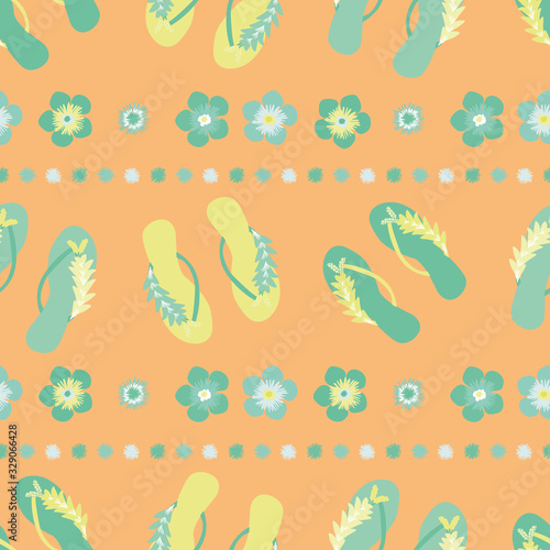 Flip flop shoe seamless vector pattern background. Elegant sandals and flowers tropical backdrop. Multicolor linear geometric design. All over print for beach wedding, vacation resort concept