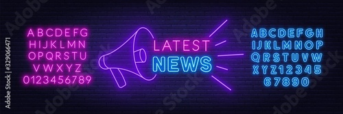 Latest news neon sign on brick wall background. Template for design with fonts.