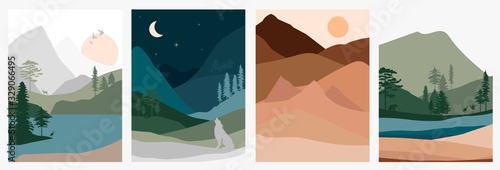 Set of abstract landscape. Forest animals, hills of coniferous wood with mountains range, lake, river, desert silhouette template. Editable vector illustration. 