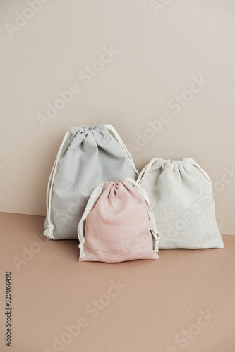 Linen bags with drawstring, small eco sack made from natural cotton