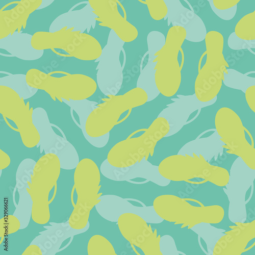 Flip flop shoe seamless vector pattern background. Silhouette of sandals monochrome textured backdrop. Hues of ocean green. All over print for summer vacation, beach wedding honeymoon resort concept