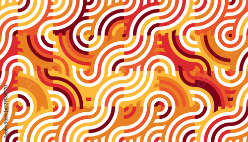 geometric seamless pattern background composed by a sequence of overlapped waves, circles and squares with different warm colors. Repetitive geometric theme.