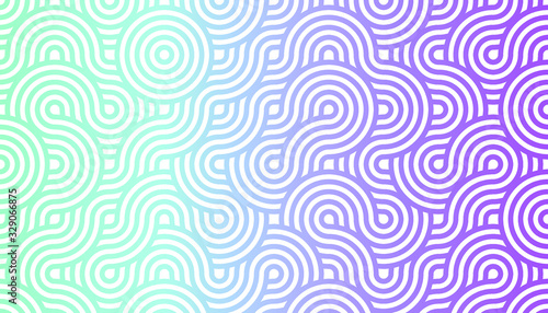 geometric seamless pattern background composed by a sequence of overlapped waves, circles and squares with different cold colors. Repetitive geometric theme.