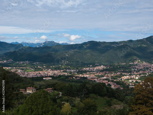 panoramic view of the city  Apennines and the Padan plain from the hill of San Vigilio  Bergamo  Italy