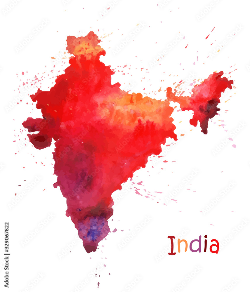 Fototapeta Watercolor map of India. Stylized image with spots and splashes of paint