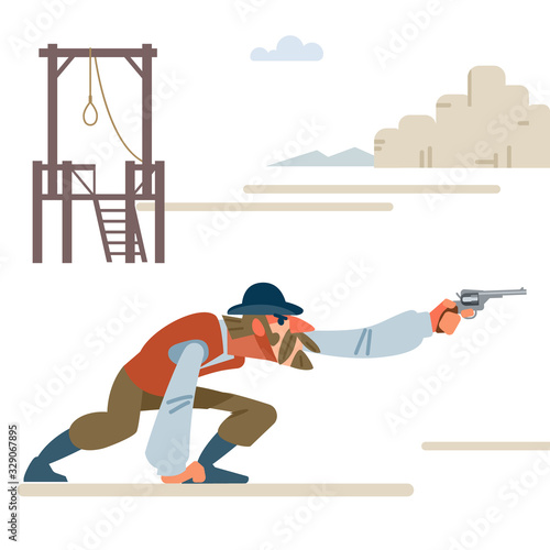 The leader of the group in the shootout saves the counterfeiters from the gallows. Cartoon vector illustration. Flat style. Isolated on white background