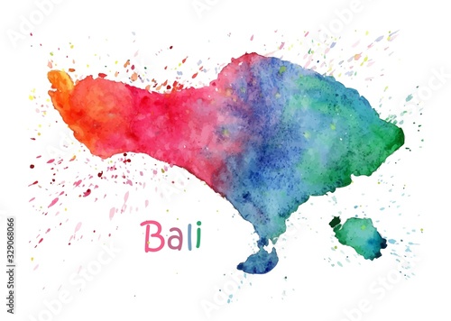 Watercolor map of Bali. Stylized image with spots and splashes of paint