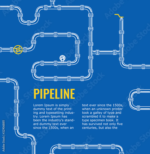 Blue Industrial background with white pipes for water, gas, oil, sewage. Infographics for flyers or brochure. Vector illustration in line art style. thin line.