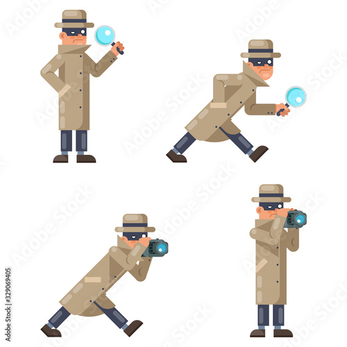 Mask spy detective cartoon magnifying glass camera character walk isolated flat design vector illustration