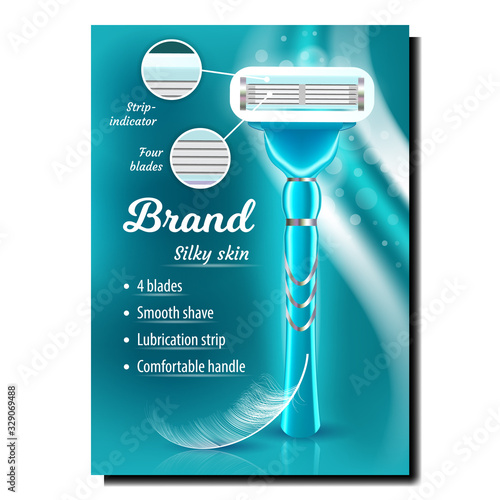 Brand Shaving Razor Advertising Poster Vector. Silky Skin Razor Tool With Blade, Lubrication Strip And Comfortable Handle For Smooth Shave. Hygiene Equipment Color Concept Template 3d Illustration
