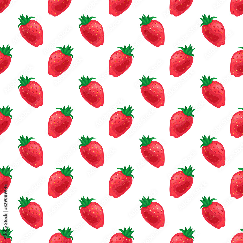 Red cuty fresh strawberry fruits on white background.Vector seamless pattern.Bright summer Red cuty fresh strawberry fruits on white background.Vector seamless pattern.Bright summer