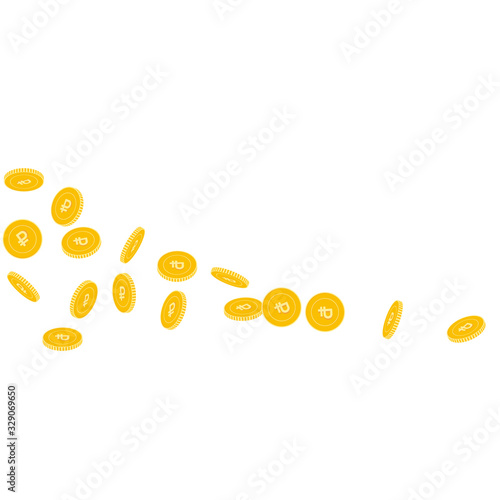 Russian ruble coins falling. Scattered sparse RUB 