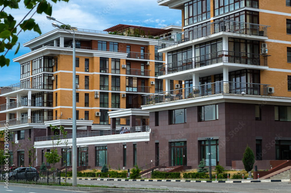 Embankment of Kazan, modern buildings of the city. City panorama, elite housing with specific characteristics. Kazan, Sibgata Hakima St., Russia, July 10, 2017 Embankment of Kazan, modern buildings of the city. City panorama, elite housing with specific characteristics. Kazan, Sibgata Hakima St., Russia, July 10, 2017