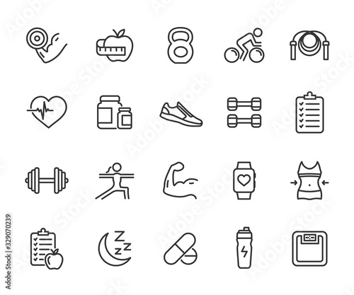 Vector set of fitness line icons. Contains icons gym, nutrition, cardio exercises, sports supplements, yoga, sleep, workout and more. Pixel perfect.