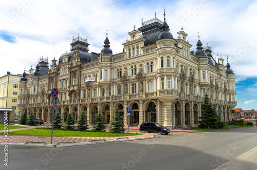 Modern buildings in the neo-baroque style, modern palaces of glass, buildings with stucco and columns. Elite accommodation of beautiful architecture. Dvortsovaya, Kazan, Russia, July 10, 2017