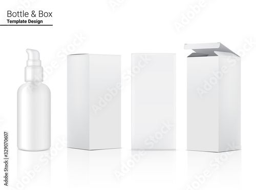 Pump Bottle Mock up Realistic Cosmetic and Box for Skincare Product on White Background Illustration. Health Care and Medical Concept Design.