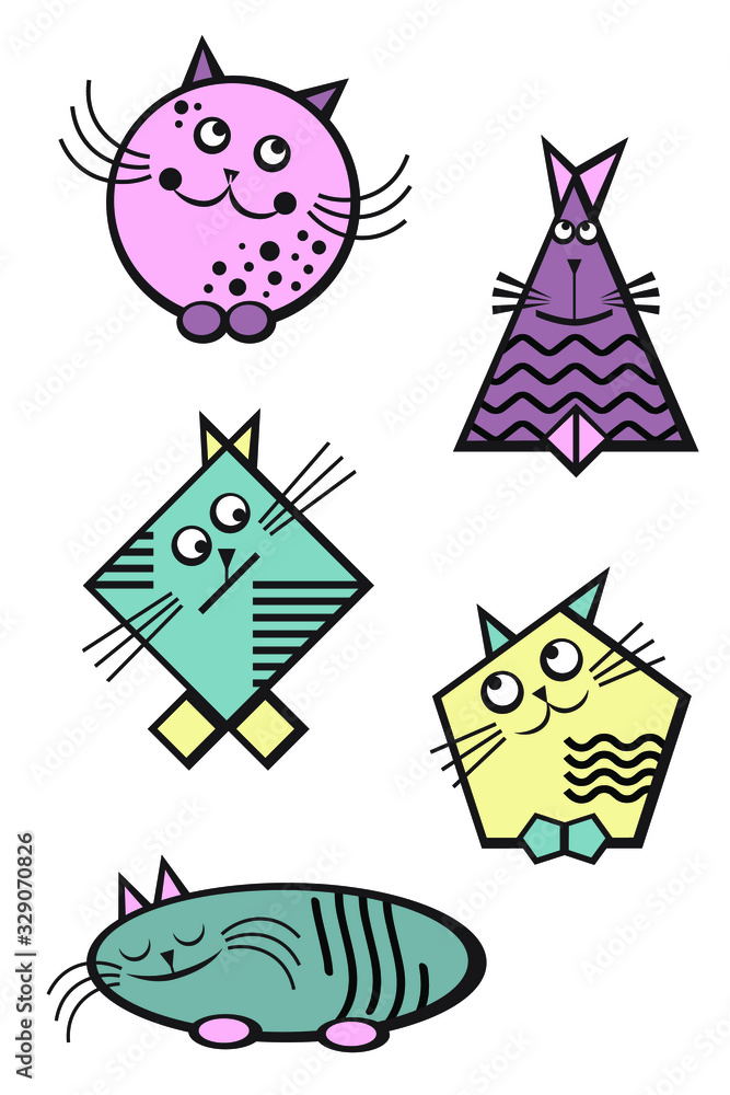 Geometric cats. Pink, turquoise, and yellow. Vector graphics. Geometric cats. Pink, turquoise, and yellow. Vector graphics.