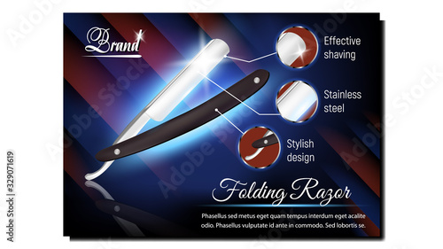 Folding Razor Barber Tool Advertise Poster Vector. Dangerous Iron Razor Instrument. Stylish Design, Effective Shaving And Stainless Steel. Hairdresser Barbershop Equipment 3d Illustration