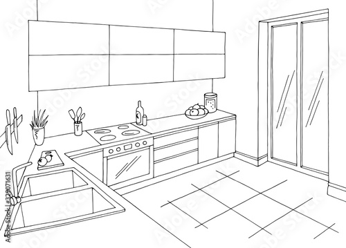 Kitchen room graphic black white home interior sketch illustration vector