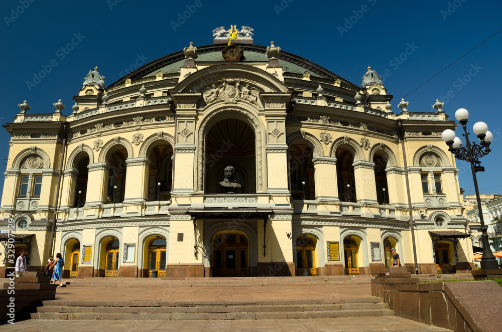 The building of the National Opera of Ukraine in the Baroque style, decorated with stucco. Sightseeing of the old city. The capital of ancient Russia. Kiev, Ukraine, July 24, 2017