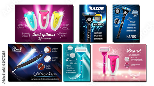 Razor And Epilator Advertising Banner Set Vector. Collection Of Different Creative Poster With Electric Device And Shaving Razor. Shave Equipment Compact Form And Stylish Design 3d Illustrations