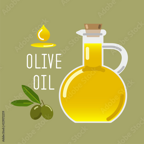 Olive oil in a glass bottle and green olives with leaves. Vector illustration