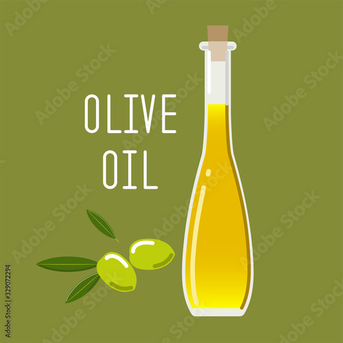 Olive oil in a glass bottle and green olives with leaves. Vector illustration