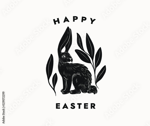 Easter postcards with bunny typographical composition on a white background. easter rabbit logo. isolated black and white hand dawn illustration of hare in a vintage style.
