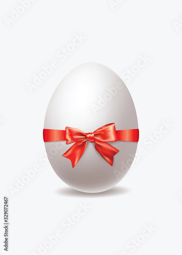 Realistic 3D Easter Egg with Festive Red Satin Ribbon and Silk Bow Decoration. Happy Easter Vector Egg Gift Isolated 